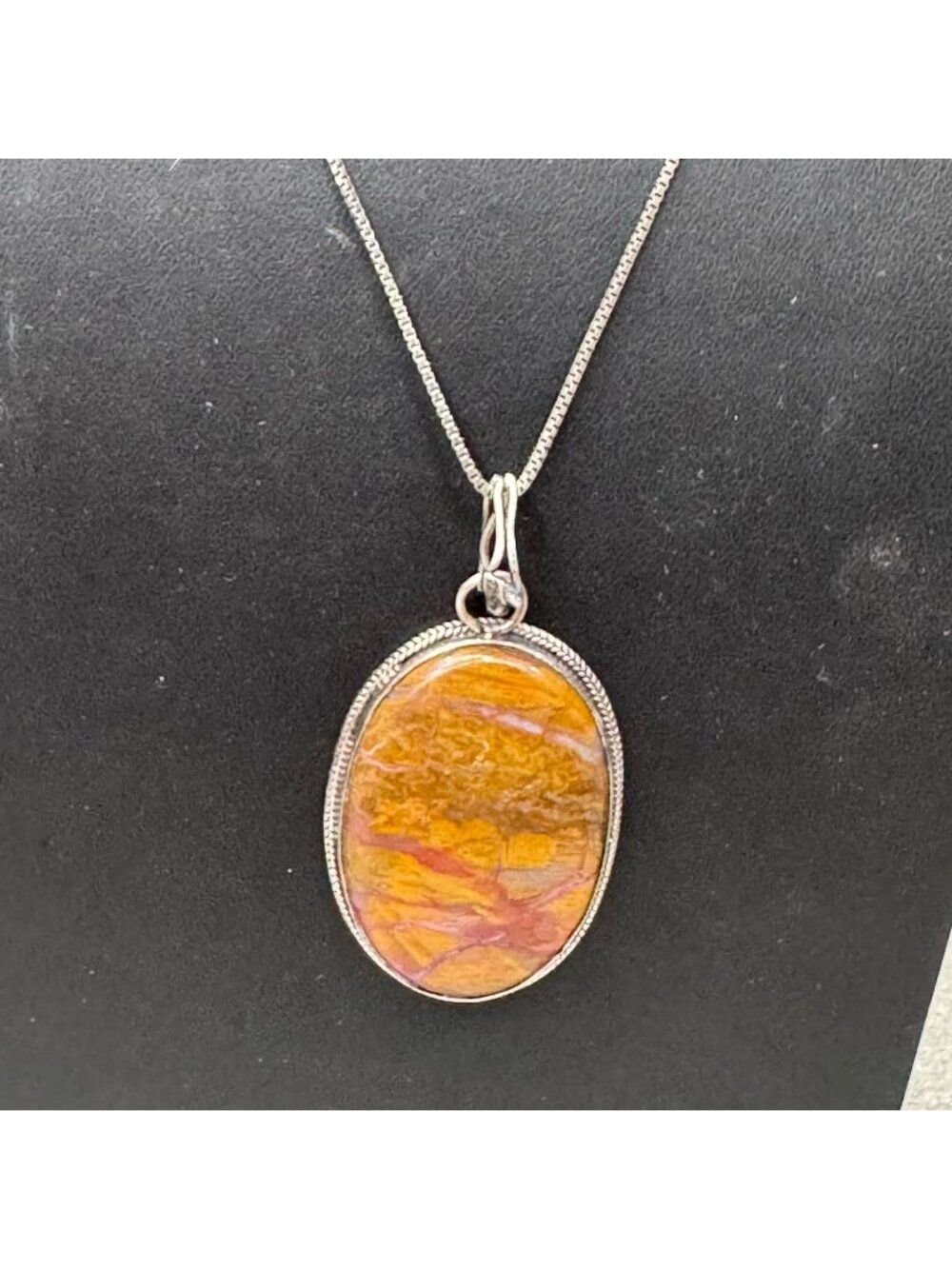 Sterling Silver Pendant Necklace Jasper Stone Oval Charm 20” Chain Made In Italy
